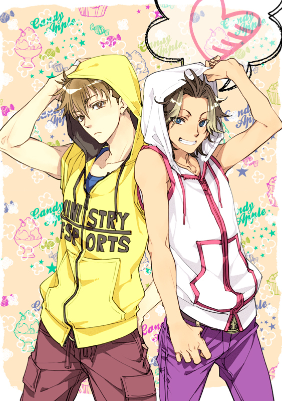 2boys, bad_id, bad_pixiv_id, belt, blue_eyes, brown_eyes, brown_hair, candy