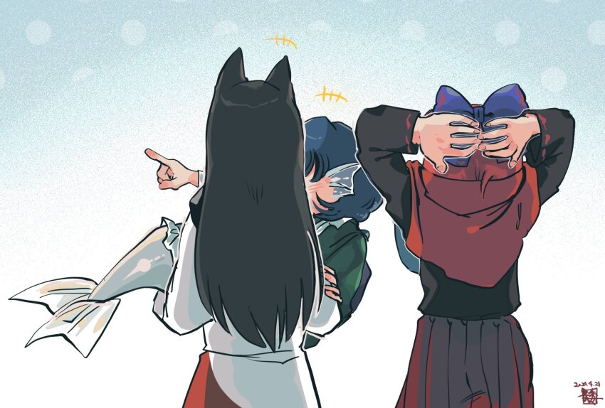 3girls, animal_ears, arms_behind_head, black_hair, blue_hair, blush, bow, carrying, fins, fish_tail, from_behind, hair_bow, highres, imaizumi_kagerou, kokechankokko, long_hair, medium_hair, mermaid, monster_girl, multiple_girls, pleated_skirt, pointing, princess_carry, red_hair, sekibanki, skirt, tail, touhou, wakasagihime, wolf_ears, wolf_girl