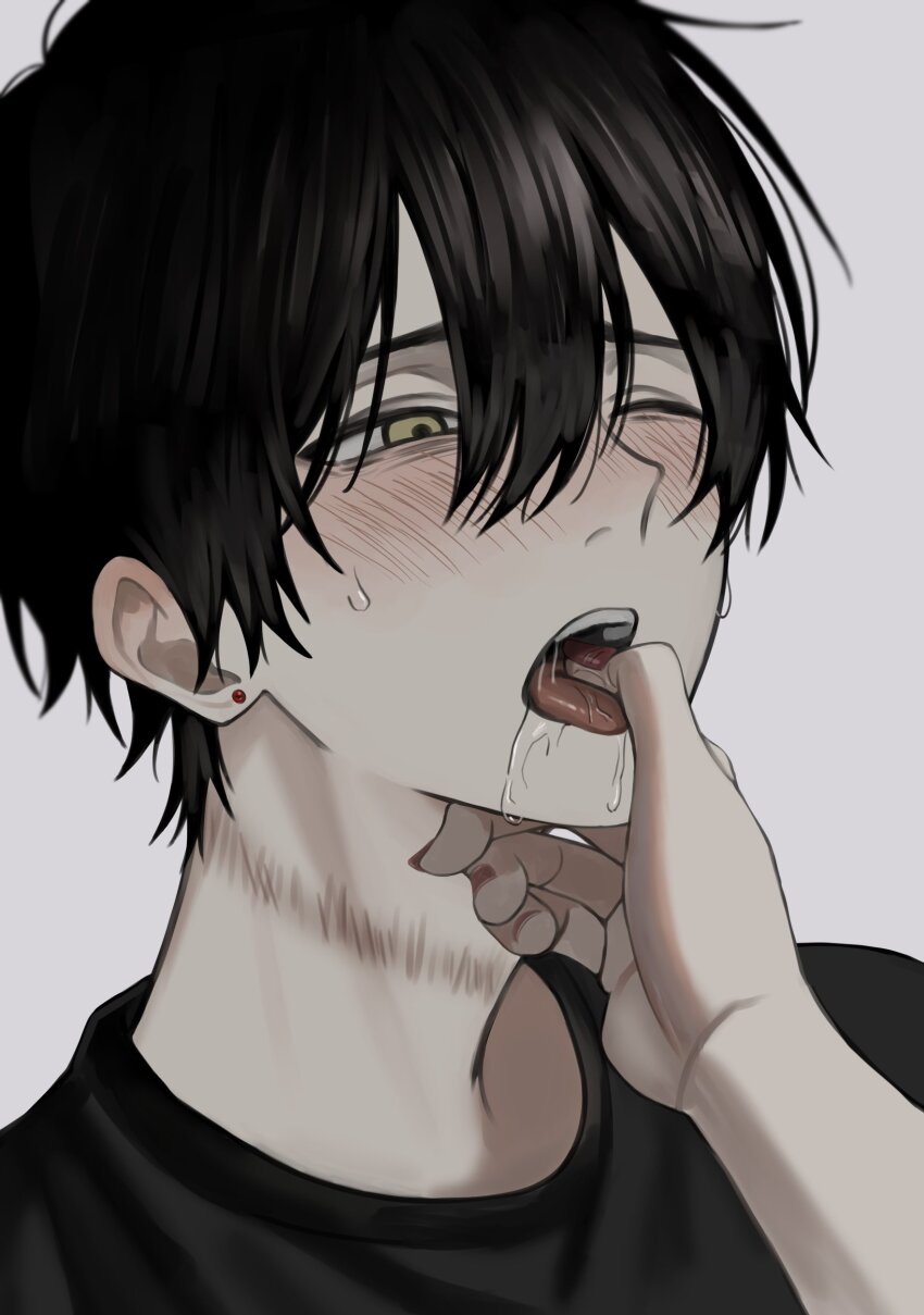1boy, absurdres, akanei6no_sora, black_hair, blush, commentary, drooling, earrings