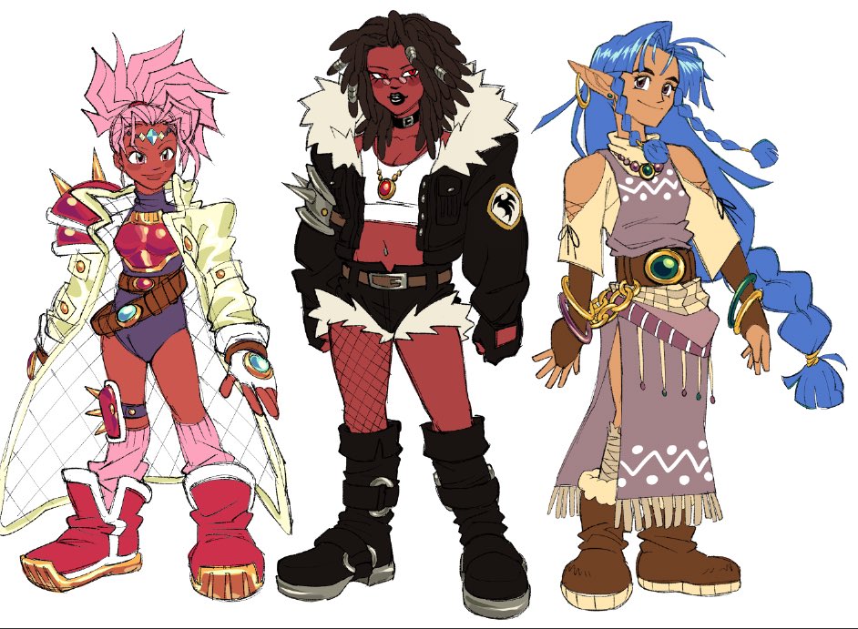 3girls, armor, artist_request, belt, black_sweater_vest, blue_hair, brown_gloves, brown_hair