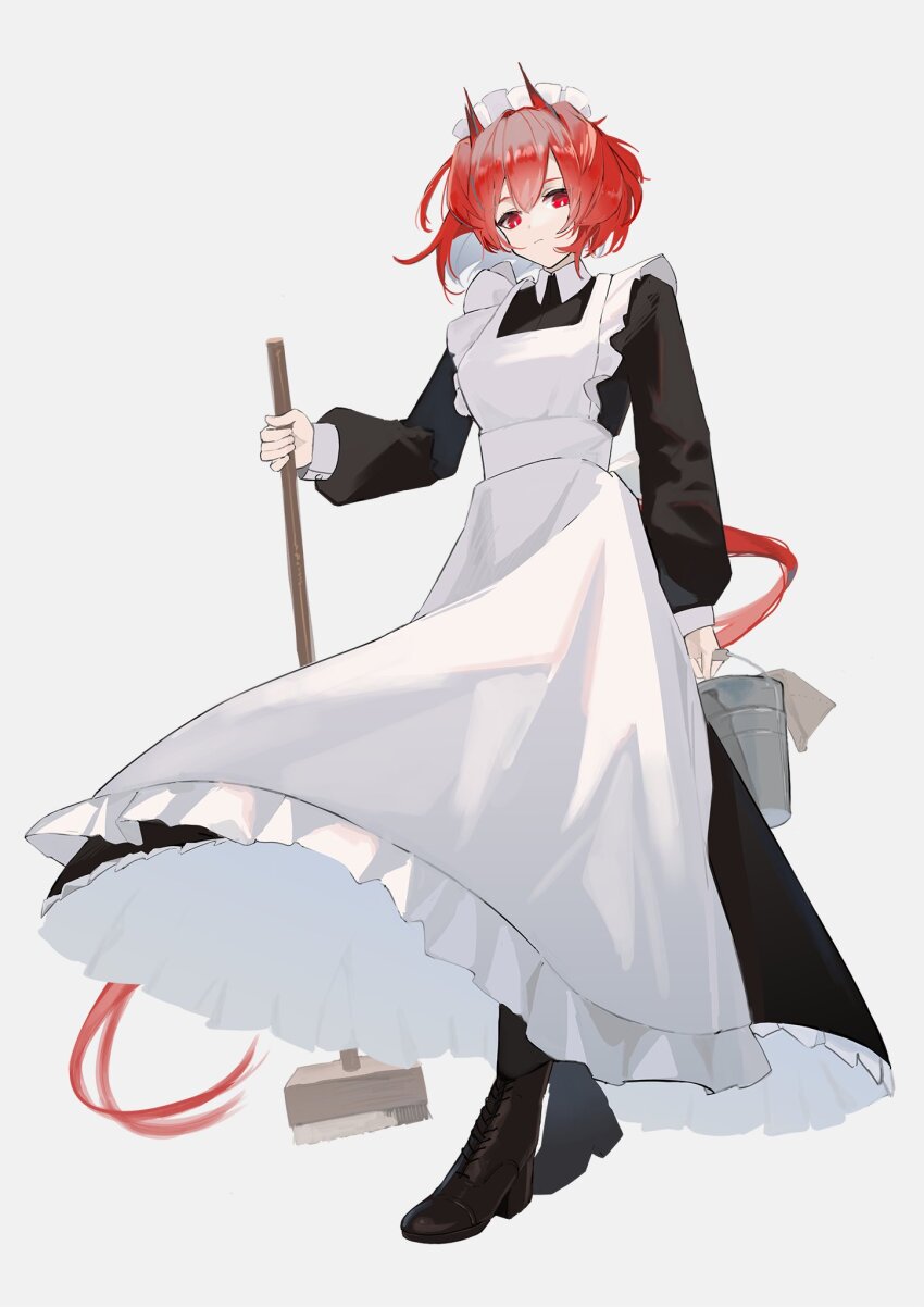 1girl, alternate_costume, apron, arknights, black_dress, black_shoes, bright_pupils, broom