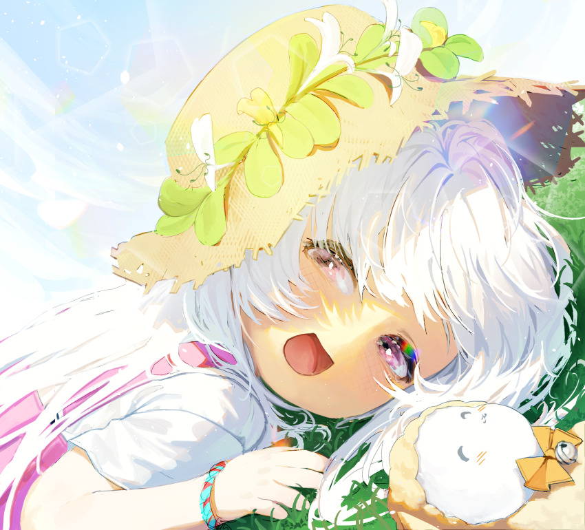 1girl, aged_down, bracelet, flower, grass, hat, hat_flower, highres