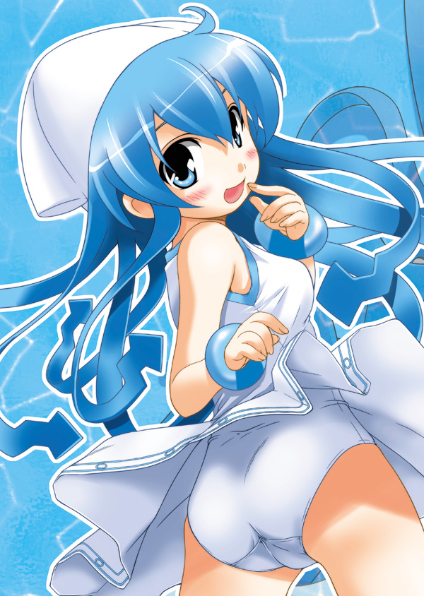 1girl, ass, blue_eyes, blue_hair, dress, female_focus, hat, ikamusume