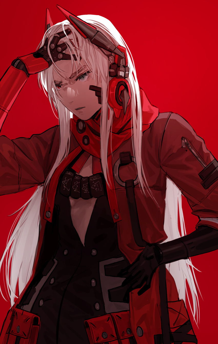 1girl, absurdres, alpha_(pgr), bandaid, bandaid_on_face, black_shirt, dog_tags, grey_eyes