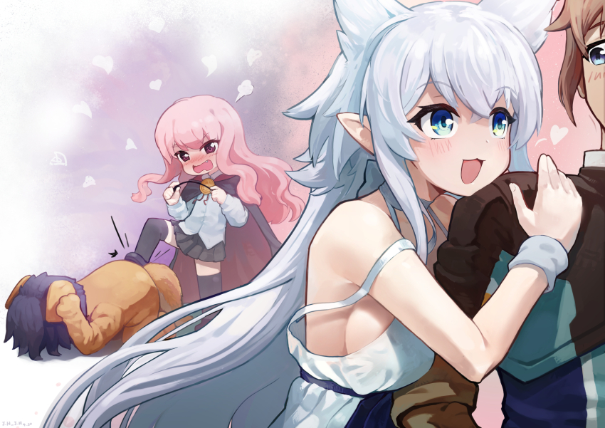 1boy, 1other, 2girls, :3, all_fours, animal_costume, animal_ears, arm_hug, black_cape, black_capelet, black_skirt, black_thighhighs, blue_eyes, blush, breasts, brown_gloves, brown_hair, cape, capelet, dress, eyebrows_hidden_by_hair, fang, fenrys, flio, full-face_blush, gloves, grey_wrist_cuffs, hair_between_eyes, heart, highres, hino_satoshi, hiraga_saito, holding, holding_wand, j.h_j.h, kicking, kugimiya_rie, large_breasts, long_hair, looking_at_another, louise_francoise_le_blanc_de_la_valliere, lv2_kara_cheat_datta_moto_yuusha_kouho_no_mattari_isekai_life, motion_lines, multiple_girls, open_mouth, out_of_frame, pink_hair, pleated_skirt, pointy_ears, puff_of_air, shirt, short_hair, sideboob, skirt, smile, strap_slip, tan, thighhighs, uniform, upper_body, very_long_hair, voice_actor_connection, wand, wavy_mouth, white_dress, white_hair, white_shirt, wolf_ears, wrist_cuffs, zero_no_tsukaima