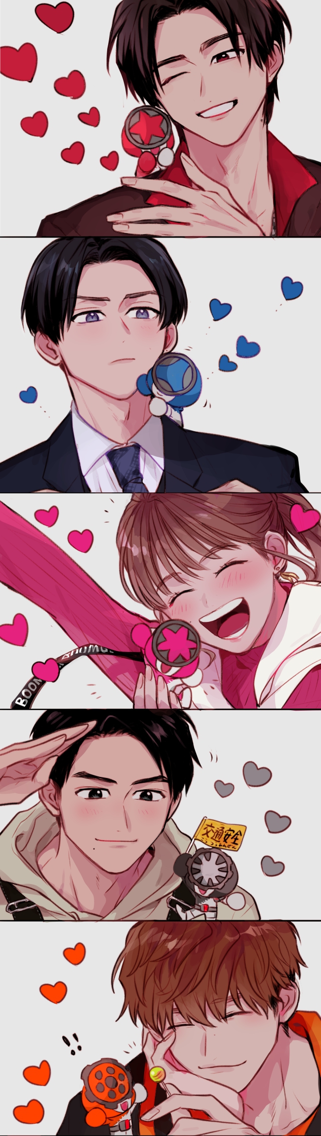 1girl, 4boys, akuse_jou, arm_up, bakuage_sentai_boonboomger, black_hair, black_jacket, blush