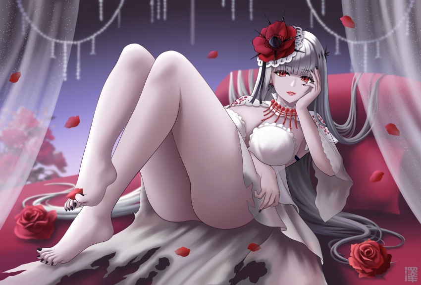 1girl, absurdres, bare_legs, barefoot, black_nails, blunt_bangs, breasts, coquelic_(path_to_nowhere)