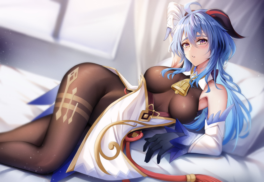 1girl, ahoge, bare_shoulders, bed, bed_sheet, bedroom, bell, black_gloves, blue_hair, blush, breasts, detached_sleeves, ganyu_(genshin_impact), genshin_impact, gloves, goat_horns, highres, horns, indoors, long_hair, looking_at_viewer, lying, medium_breasts, miss, neck_bell, on_bed, pillow, sidelocks, solo