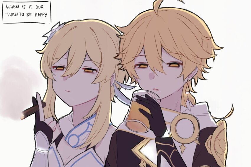 1boy, 1girl, aether_(genshin_impact), ahoge, alcohol, arm_armor, armor, bare_shoulders, between_fingers, black_gloves, blonde_hair, braid, breasts, brother_and_sister, brown_shirt, cigarette, closed_mouth, commentary, cup, detached_sleeves, dress, drinking_glass, earrings, english_commentary, english_text, feather_hair_ornament, feathers, fingerless_gloves, fingernails, flower, genshin_impact, gloves, hair_between_eyes, hair_flower, hair_ornament, half-closed_eyes, hand_up, highres, holding, holding_cigarette, holding_cup, ice, ice_cube, jewelry, kyou_0120, long_hair, long_sleeves, looking_to_the_side, lumine_(genshin_impact), medium_breasts, open_mouth, orange_eyes, scarf, shirt, short_hair, short_sleeves, shoulder_armor, siblings, sidelocks, simple_background, single_earring, smoke, standing, whiskey, white_background, white_dress, white_flower, white_scarf, yellow_eyes