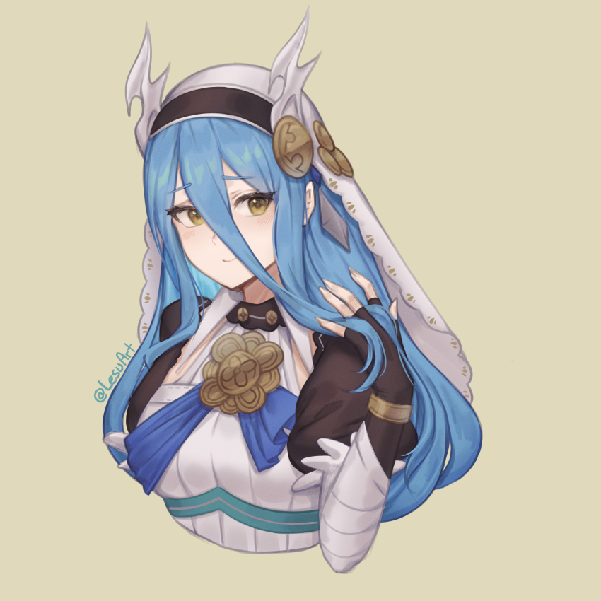 1girl, absurdres, azura_(fire_emblem), azura_(song's_reflection)_(fire_emblem), blue_hair, cropped_torso, fake_horns, fingerless_gloves