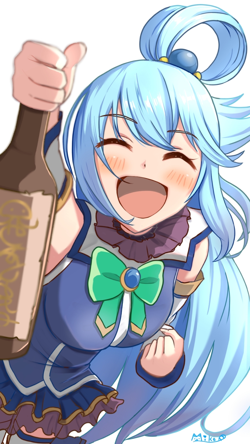 1girl, aqua_(konosuba), bare_shoulders, blue_boots, blue_eyes, blue_hair, blue_shirt, blue_skirt, blue_thighhighs, blush, boots, bottle, bow, bowtie, breasts, closed_eyes, detached_sleeves, green_bow, green_bowtie, hair_between_eyes, hair_ornament, hair_rings, highres, holding, holding_bottle, kono_subarashii_sekai_ni_shukufuku_wo!, long_hair, looking_at_viewer, medium_breasts, mike81277424, open_mouth, shirt, simple_background, single_hair_ring, skirt, smile, smiley_face, solo, thigh_boots, thighhighs, very_long_hair, watermark, wine_bottle