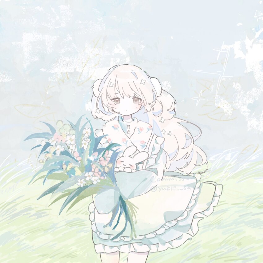 1girl, animal, animal_hug, blue_dress, blush, bouquet, closed_mouth, commission, cowboy_shot, day, dot_mouth, dress, floating_hair, flower, frilled_dress, frills, grass, grey_eyes, highres, holding, holding_bouquet, layered_dress, long_bangs, long_hair, long_sleeves, original, outdoors, oyuki._(yukiiii_saka), pink_flower, plant, rabbit, sidelocks, solo, twitter_username, white_flower, white_hair, wide_sleeves