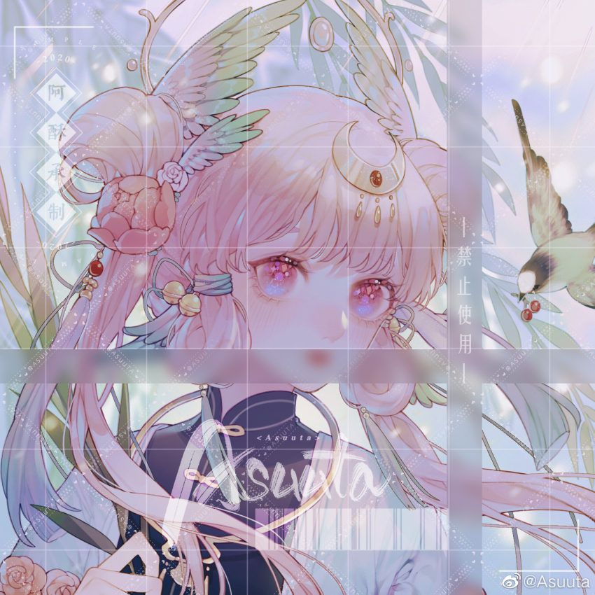 1girl, artist_name, asuuta, barcode, bell, bird, bird_request, black_shirt