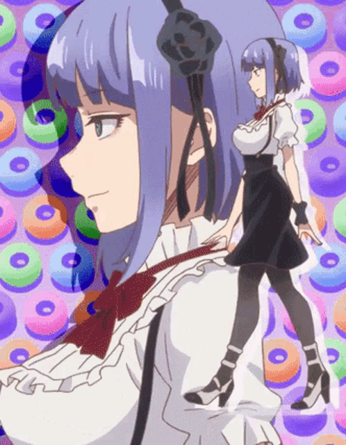 1girl, alternate_costume, animated, animated_gif, black_thighhighs, bouncing_breasts, breasts, close-up, coat, costume_chart, dagashi_kashi, feet, full_body, hair_ornament, high_heels, large_breasts, pajamas, purple_hair, shidare_hotaru, skirt, skirts, smile, suspenders, thighhighs, walking