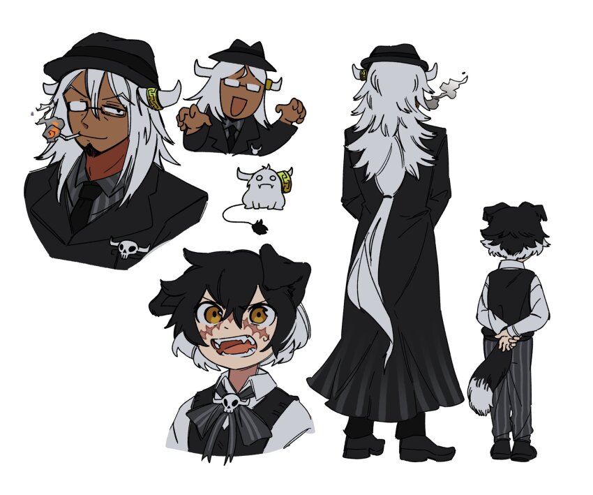 2boys, animal_ears, arms_behind_back, black_coat, black_eyes, black_footwear, black_hat, black_necktie