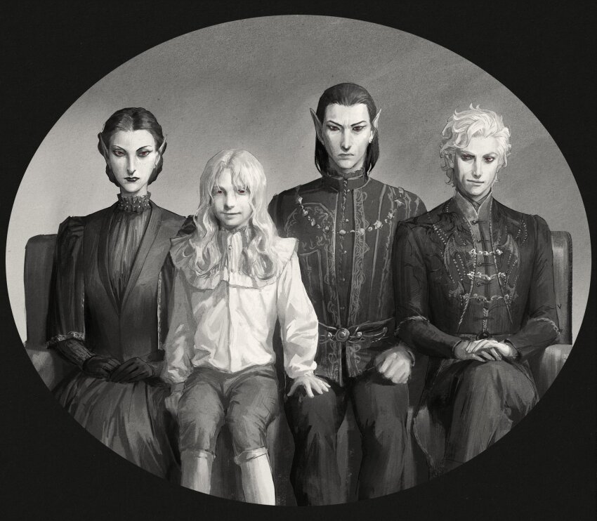 1girl, 3boys, amanita_szarr, astarion, baldur's_gate, baldur's_gate_3, black_border, boots