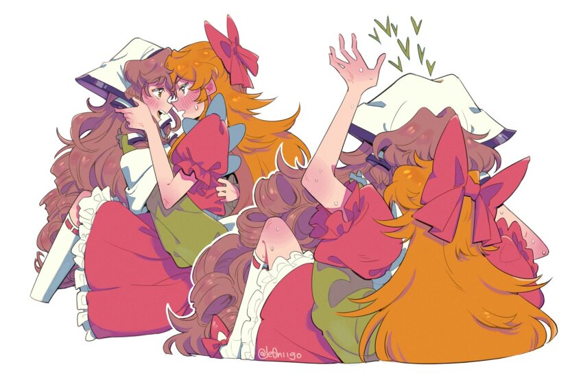 2girls, arm_up, artist_name, blush, bow, brown_hair, commentary, dress