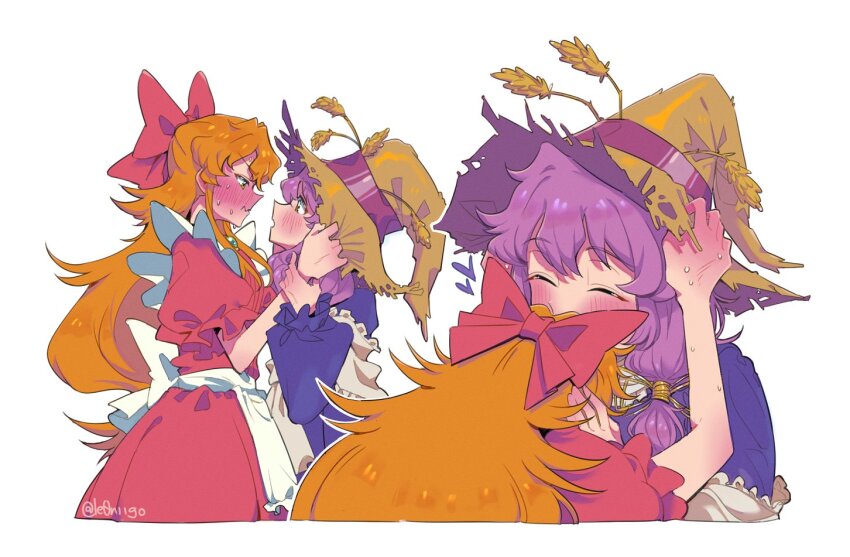 2girls, ^_^, apron, artist_name, blush, bow, brooch, closed_eyes, closed_mouth, commentary, dress, elise_liedl, embarrassed, english_commentary, eye_contact, face-to-face, frilled_sleeves, frills, full-face_blush, hair_bow, hands_on_another's_hat, hat, jewelry, le0niigo, little_goody_two_shoes, long_hair, looking_at_another, multiple_girls, multiple_views, nervous_sweating, open_mouth, orange_hair, puffy_short_sleeves, puffy_sleeves, purple_dress, purple_hair, red_bow, red_dress, rozenmarine_(little_goody_two_shoes), shawl, short_sleeves, simple_background, straw_hat, sweat, very_long_hair, wavy_mouth, white_apron, white_background, white_shawl, witch_hat, yuri