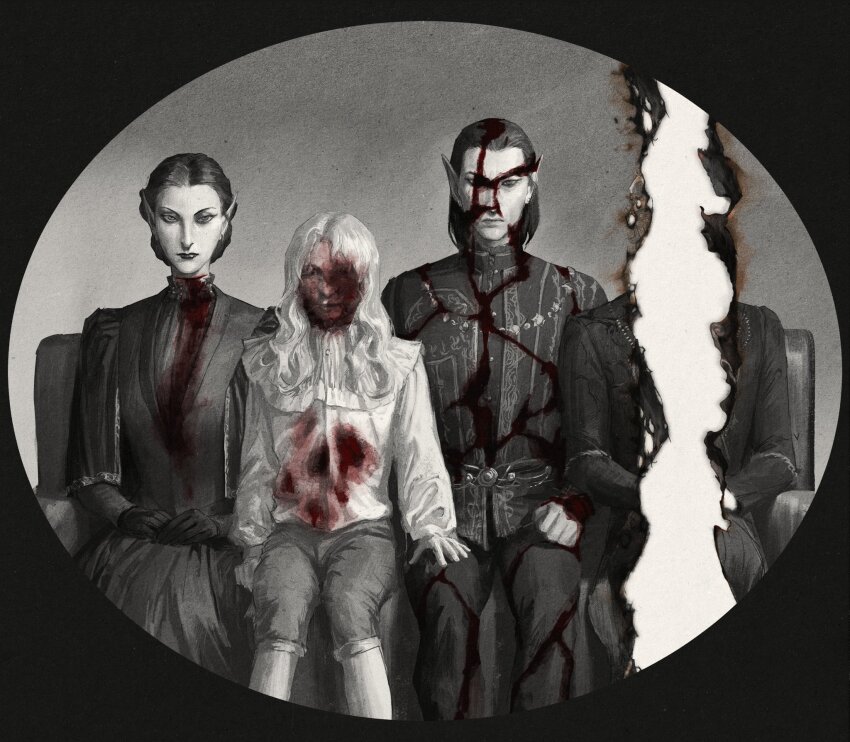 1girl, 1other, 2boys, amanita_szarr, baldur's_gate, baldur's_gate_3, black_border, blood