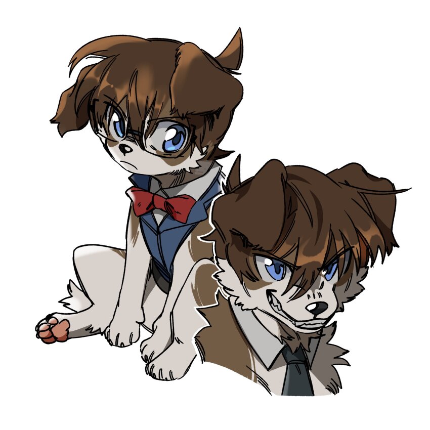 1boy, animal, animalization, baby_animal, black_necktie, blue_eyes, blue_vest, bow, bowtie, brown_dog, brown_hair, closed_mouth, collared_vest, commentary, detached_collar, deviidog0, dog, edogawa_conan, english_commentary, full_body, glasses, grin, highres, looking_at_viewer, meitantei_conan, multiple_views, necktie, no_humans, puppy, red_bow, red_bowtie, short_hair, simple_background, sitting, smile, vest, white_background