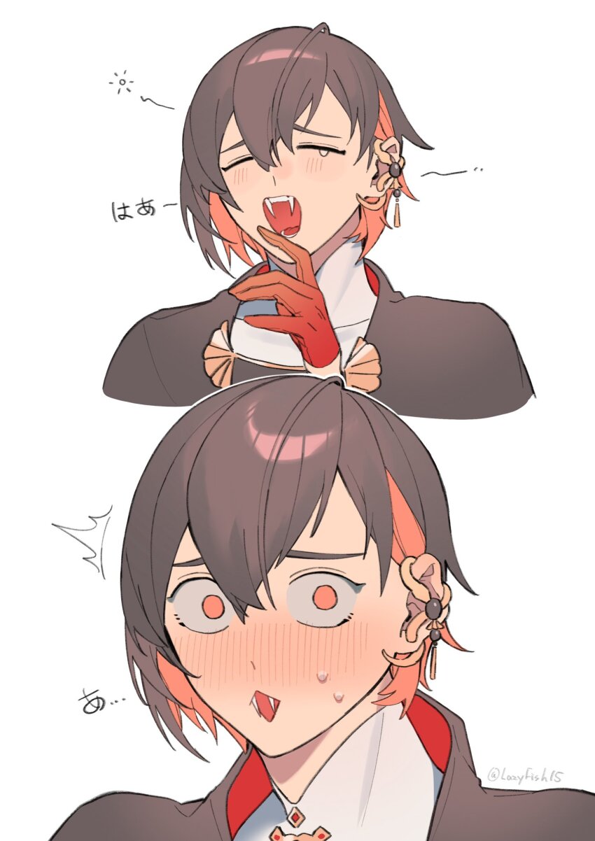 1boy, androgynous, artist_name, blush, brown_hair, closed_mouth, colored_inner_hair, commentary_request, diamond_mouth, earrings, facing_viewer, fangs, flinch, gloves, hair_between_eyes, half_gloves, hand_up, highres, jewelry, lazy_fish, looking_at_viewer, male_focus, multicolored_hair, multiple_views, nu_carnival, open_mouth, orange_eyes, orange_gloves, orange_hair, short_hair, simple_background, snake_earrings, sweat, translation_request, twitter_username, vampire, white_background, yakumo_(nu_carnival), yawning