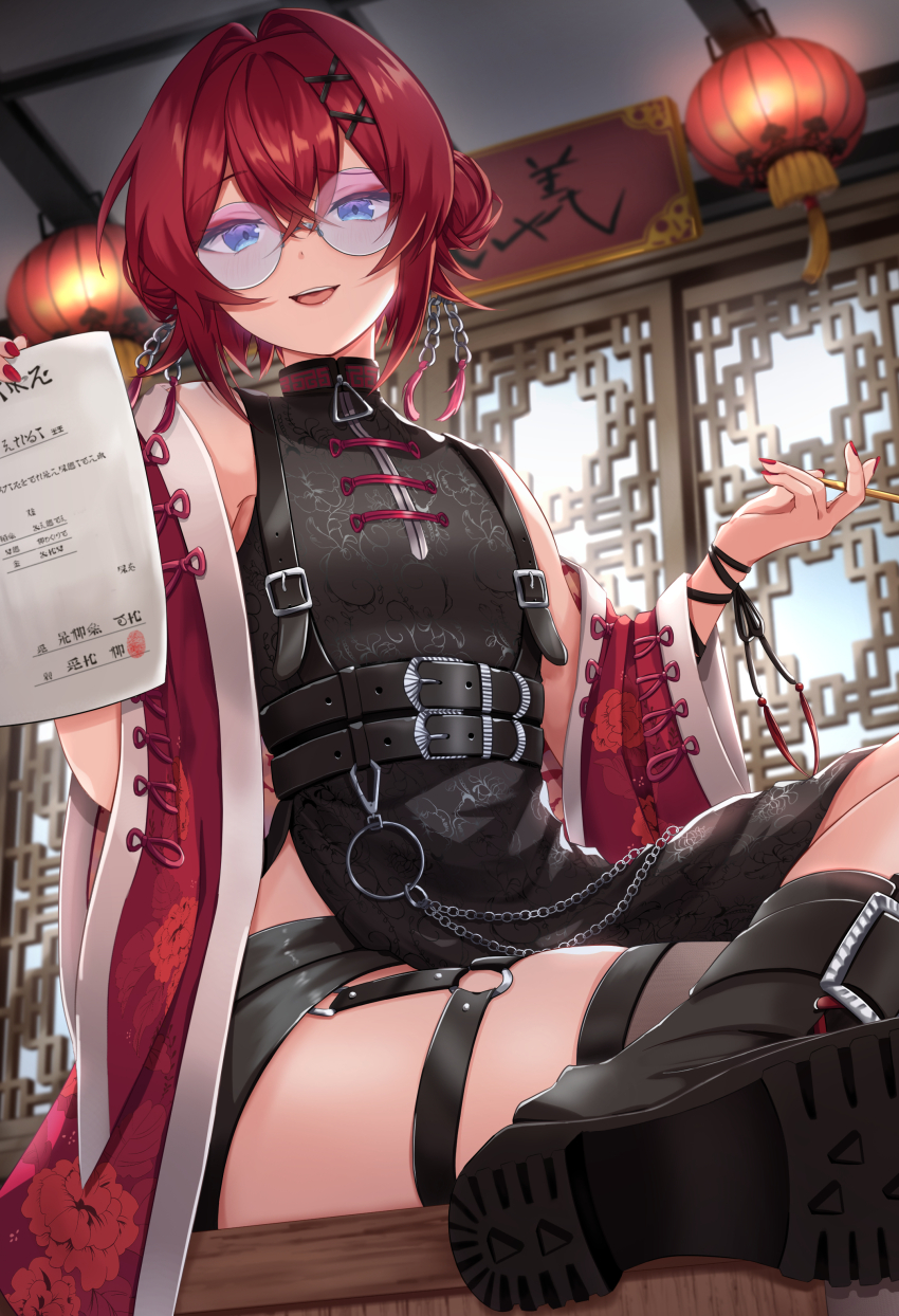absurdres, ange_katrina, ange_katrina_(china_dress), baby_mn9, belt, belt_boots, black_shorts, blue_eyes, boots, chain, china_dress, chinese_clothes, commentary, crossed_bangs, crossed_legs, double_bun, dress, figure_four_sitting, from_below, garter_straps, hair_between_eyes, hair_bun, hair_intakes, hair_ornament, high_collar, highres, holding, holding_paper, holding_smoking_pipe, jacket, lace-up_boots, lantern, looking_at_viewer, multiple_belts, nijisanji, off_shoulder, paisley, paper, paper_lantern, red_hair, red_jacket, red_nails, round_eyewear, short_hair, shorts, single_garter_strap, single_thighhigh, sitting, skindentation, smoking_pipe, smug, tassel, tassel_hair_ornament, thighhighs, translation_request, virtual_youtuber