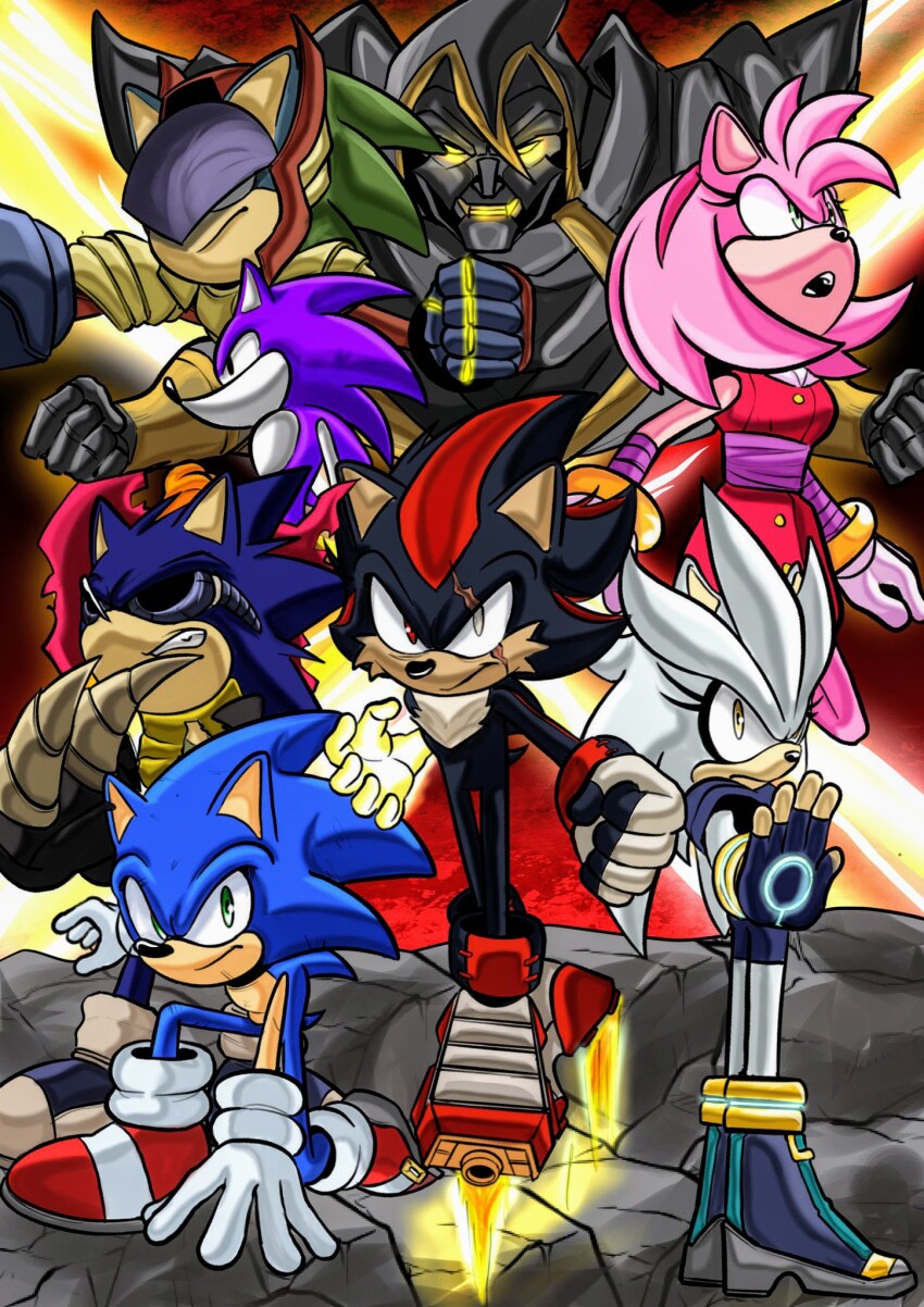 3girls, 5boys, amy_rose, armor, black_hood, chaos_shadow, exe_slayer_(sonic.exe), fingerless_gloves