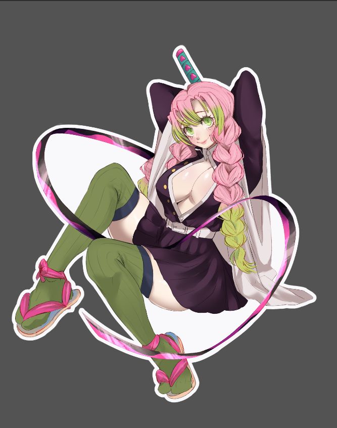 1girl, arms_behind_head, belt, blush, braid, camikaze, full_body, green_hair