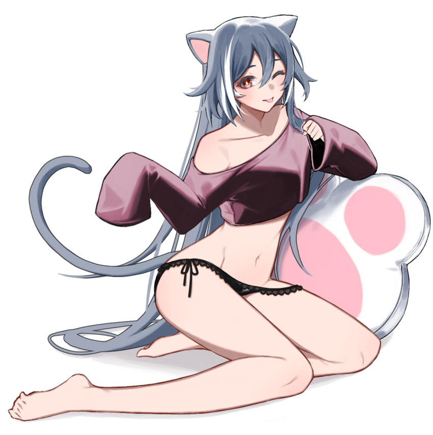 1girl, :p, animal_ears, barefoot, black_panties, bra, breasts, cat_ears, cat_girl, cat_tail, collarbone, crop_top, hair_between_eyes, herrscher_of_sentience, honkai_(series), honkai_impact_3rd, long_hair, long_sleeves, looking_at_viewer, multicolored_hair, navel, one_eye_closed, panties, red_eyes, side-tie_panties, simple_background, single_sleeve_past_fingers, sitting, small_breasts, solo, stomach, streaked_hair, tail, tongue, tongue_out, underwear, very_long_hair, white_background, white_hair, yunomi_(yunomi_hs)
