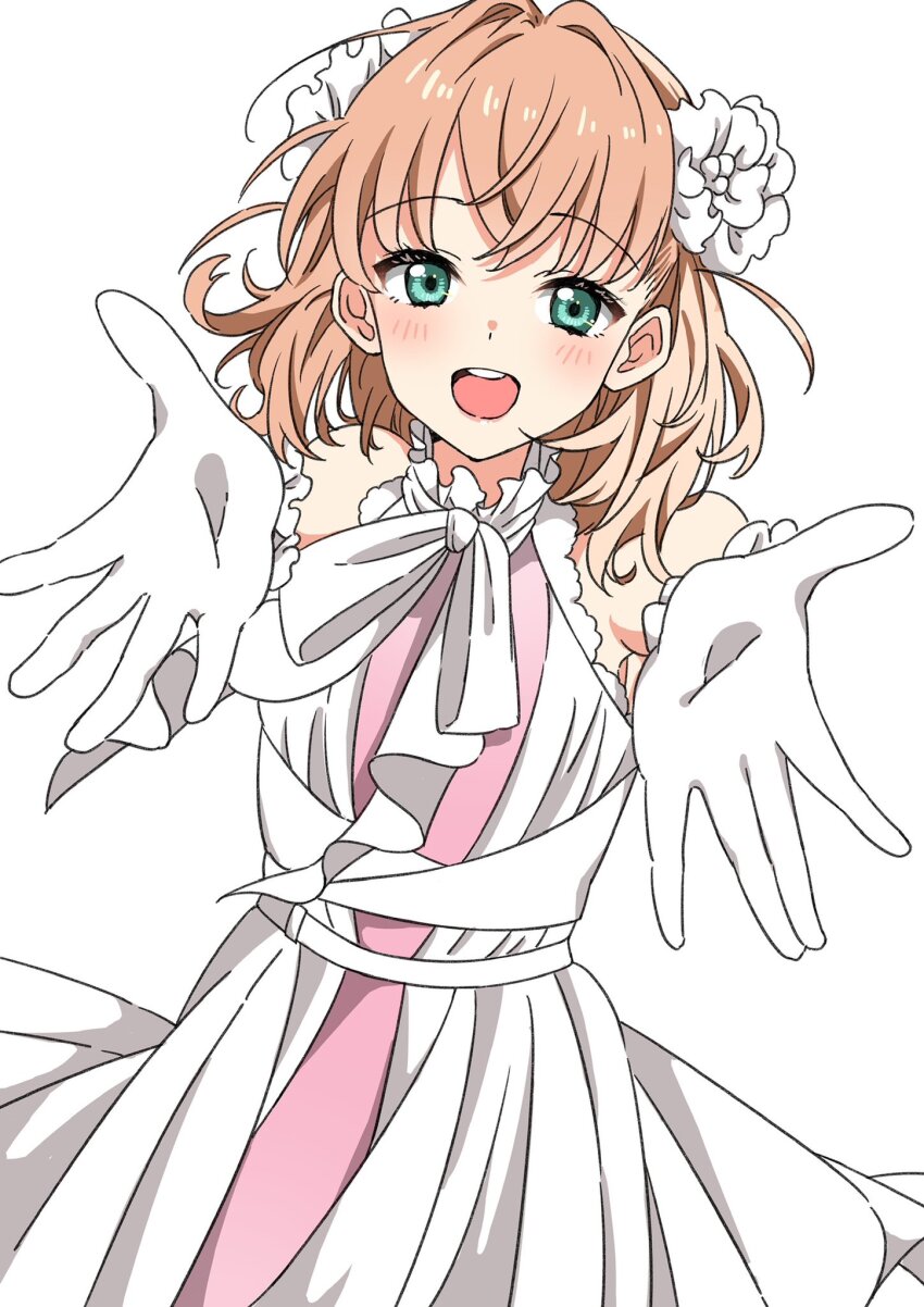 1girl, :d, aqua_eyes, bien_(djpwjd1), blush, commentary, cowboy_shot, crossed_bangs, dress, dutch_angle, frilled_dress, frilled_gloves, frills, gloves, hair_intakes, hair_ornament, highres, hinoshita_kaho, layered_dress, link!_like!_love_live!, link_to_the_future_(love_live!), looking_at_viewer, love_live!, medium_hair, neck_ribbon, open_mouth, orange_hair, outstretched_arms, pink_dress, reaching, reaching_towards_viewer, ribbon, simple_background, sleeveless, sleeveless_dress, smile, solo, teeth, two_side_up, upper_teeth_only, virtual_youtuber, white_background, white_dress, white_gloves, white_ribbon