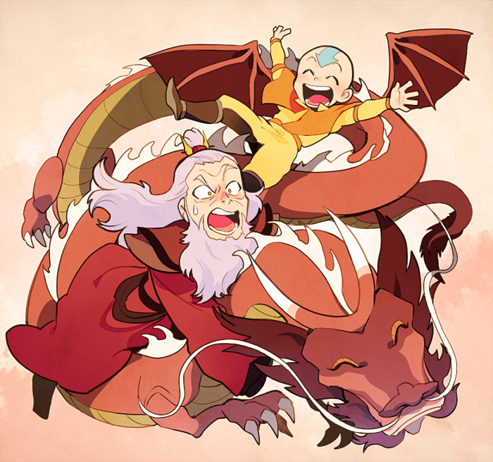 2boys, aang, avatar:_the_last_airbender, avatar_legends, bald, beard, closed_eyes, dragon