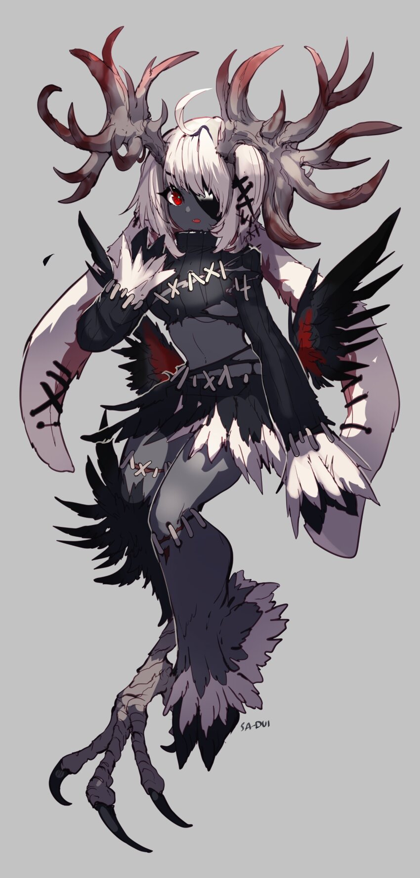 1girl, absurdres, ahoge, animal_ears, animal_feet, animal_hands, antlers, artist_name