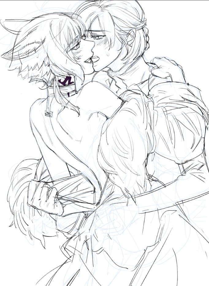 2girls, animal_ears, back, blush, cat_ears, cat_girl, cat_tail, commentary_request