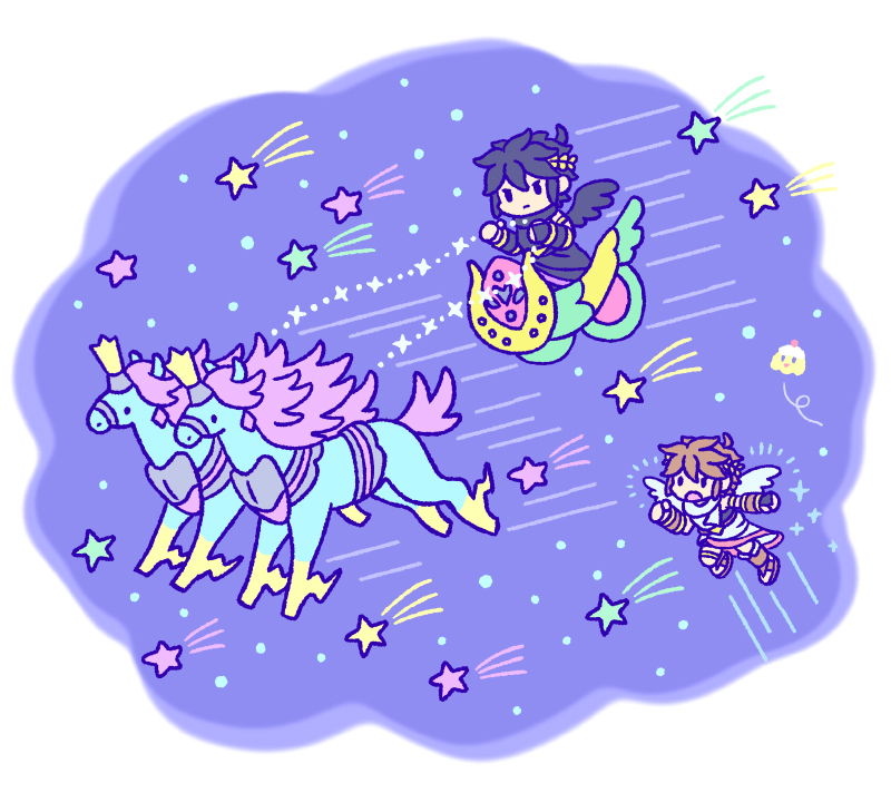 2boys, ahoge, angel, angel_wings, chariot, chibi, dark_pit, flying