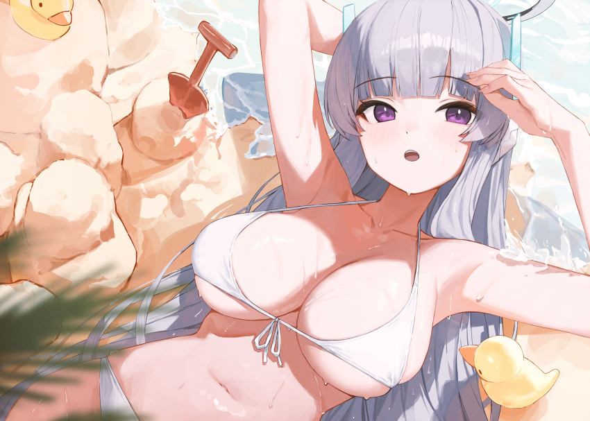 1girl, :o, absurdres, arm_behind_head, armpits, arms_up, beach, bikini