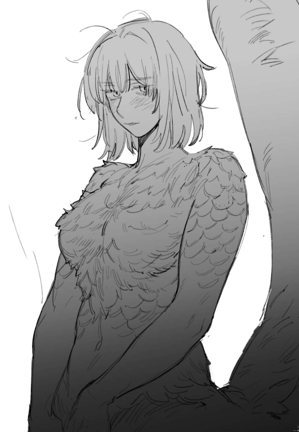 1girl, blush, chimera, commentary_request, dog_9uk, dungeon_meshi, falin_touden, falin_touden_(chimera), feathers, greyscale, highres, korean_commentary, looking_at_viewer, monochrome, monster_girl, parted_lips, solo, tail, unusually_open_eyes