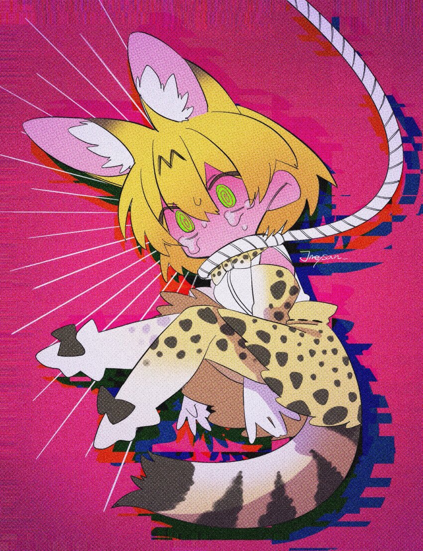 1girl, @_@, animal_ears, animal_print, bad_id, bad_twitter_id, between_legs, blonde_hair