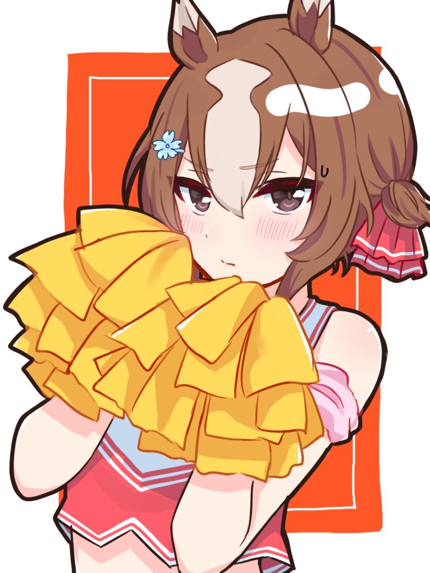 1girl, alternate_costume, animal_ears, bare_shoulders, blush, brown_eyes, brown_hair, bukeo