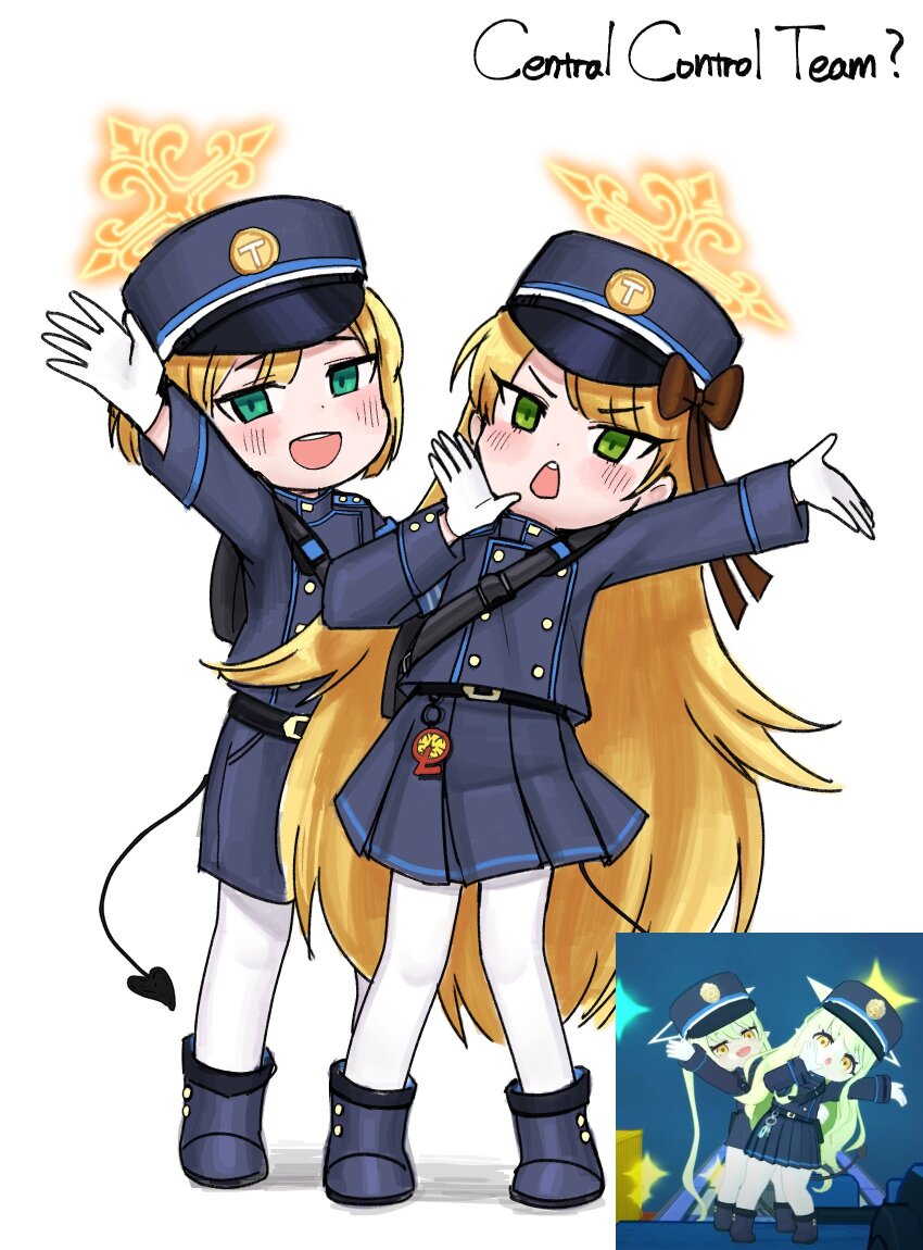 1boy, 3girls, belt, black_footwear, blonde_hair, blue_archive, blue_eyes, blue_hat