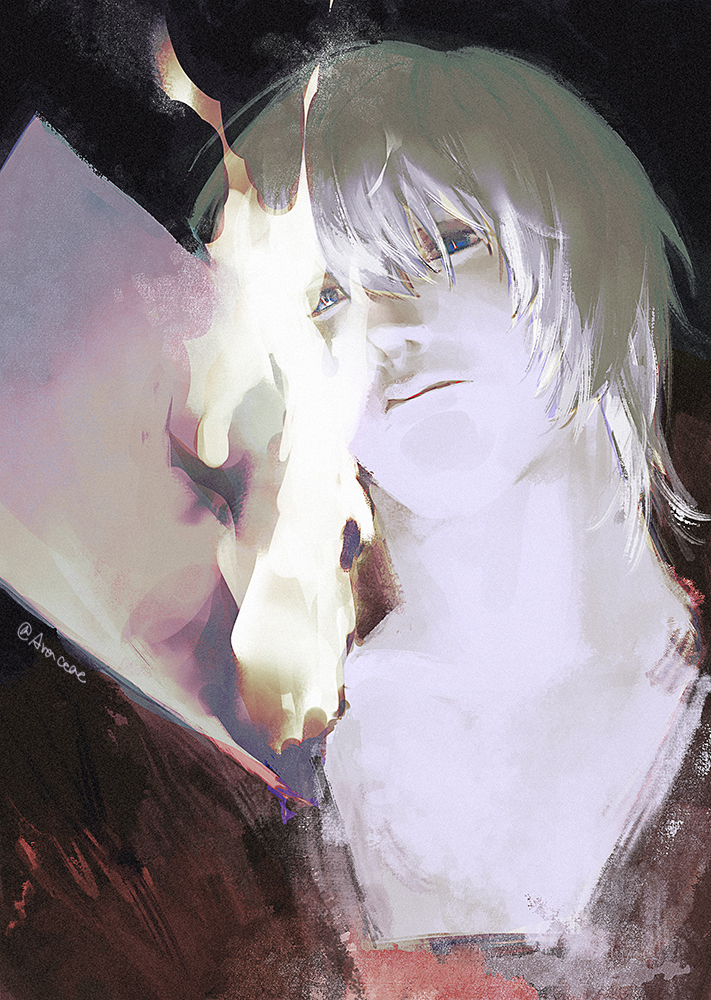 1boy, androgynous, bishounen, blue_eyes, close-up, closed_mouth, dante_(devil_may_cry), devil_may_cry