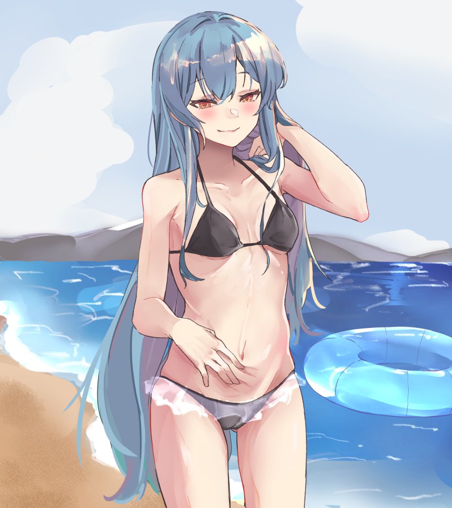 1girl, beach, bikini, black_bikini, blue_hair, blush, breasts, cleavage