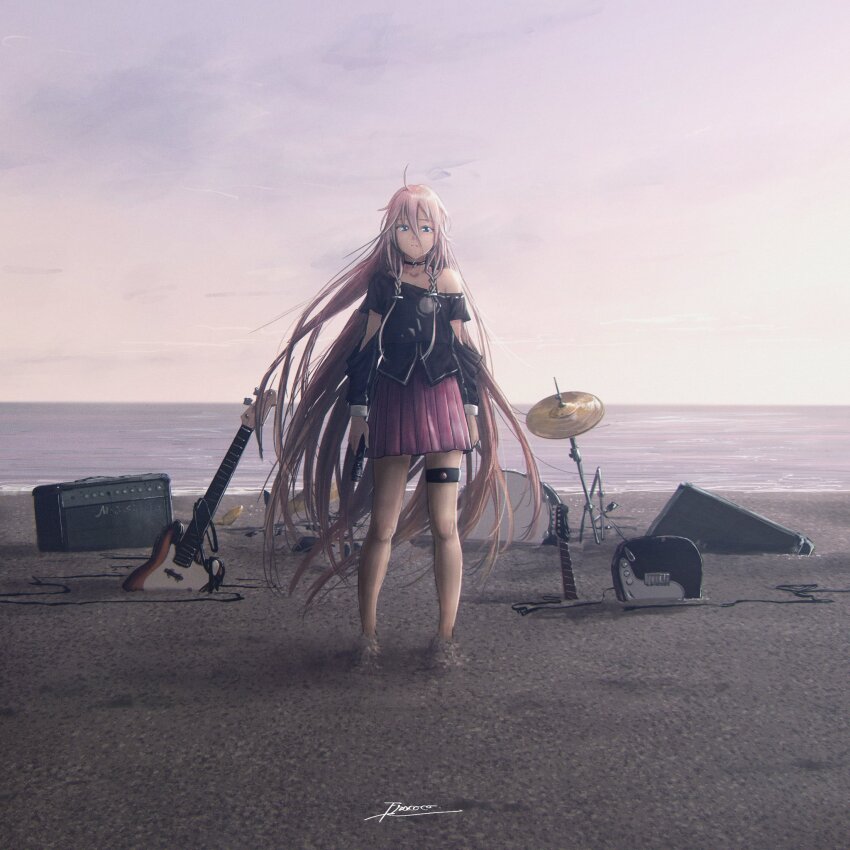 1girl, ahoge, black_choker, blue_eyes, braid, braided_sidelock, buried, choker, commentary, drum, drum_set, electric_guitar, fracoco, frown, full_body, guitar, hi-hat, highres, holding, holding_microphone, ia_(vocaloid), instrument, long_hair, microphone, miniskirt, ocean, off-shoulder_shirt, off_shoulder, partially_buried, pink_hair, pink_skirt, pleated_skirt, shirt, shore, signature, skirt, solo, speaker, thigh_strap, very_long_hair, vocaloid