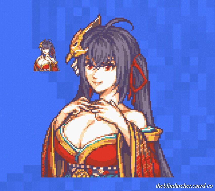 1girl, ahoge, artist_name, azur_lane, black_hair, blue_background, breasts, cleavage, fire_emblem, hair_between_eyes, highres, huge_breasts, interlocked_fingers, japanese_clothes, kimono, long_hair, mask, mask_on_head, nintendo, off_shoulder, pixel_art, portrait, red_eyes, red_kimono, smile, solo, taihou_(azur_lane), theblindarcher