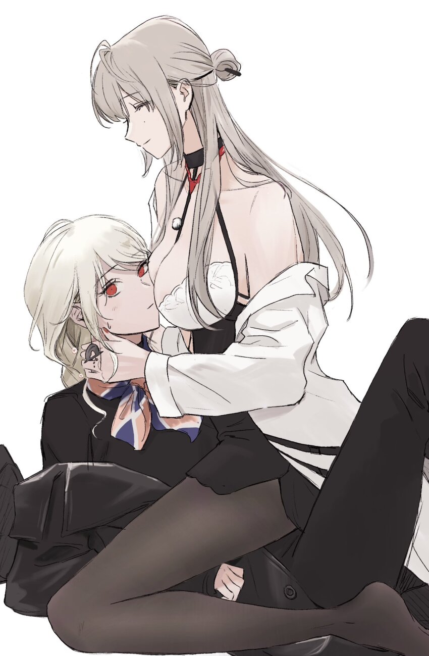 2girls, bare_shoulders, black_choker, black_pants, black_pantyhose, black_shirt, blonde_hair, blush, breast_press, breasts, character_request, choker, cleavage, closed_eyes, closed_mouth, commentary_request, earrings, eleven_(path_to_nowhere), grey_hair, hand_on_another's_neck, highres, jacket, jewelry, korean_commentary, large_breasts, long_hair, looking_at_viewer, mole, mole_under_eye, multiple_girls, off_shoulder, pants, pantyhose, path_to_nowhere, red_eyes, red_nails, shirt, simple_background, smile, sweatdrop, trshtong, white_background, white_jacket, yuri