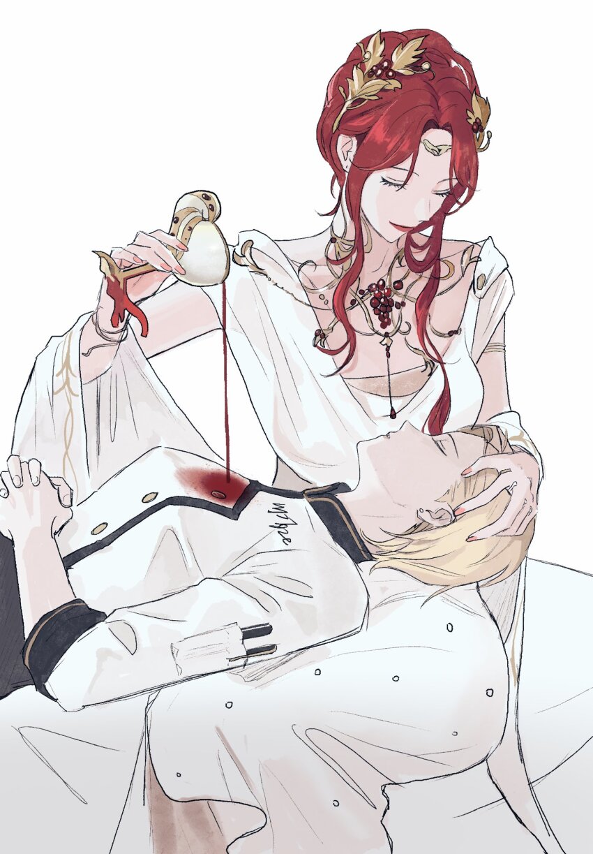 2girls, blonde_hair, cabernet_(path_to_nowhere), closed_eyes, closed_mouth, commentary_request, dress, earrings