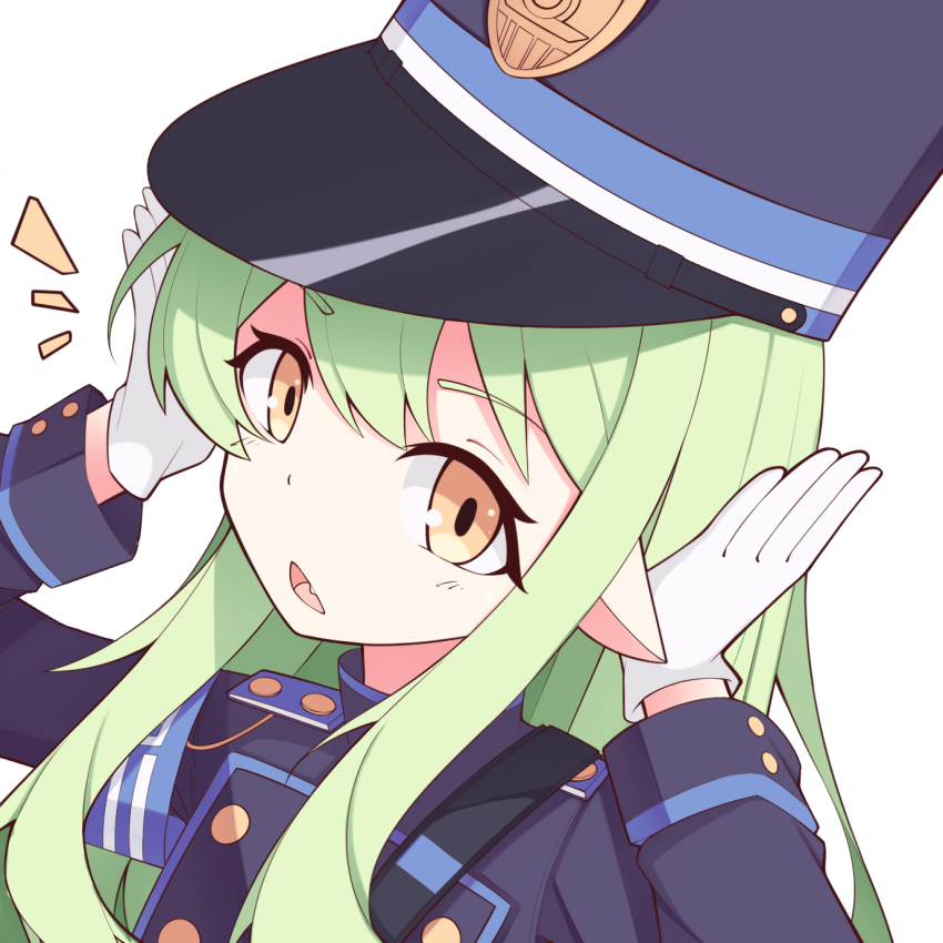 1girl, aijjent, armband, black_hat, black_jacket, blue_archive, blue_armband, fang, gloves, hands_up, hat, highres, hikari_(blue_archive), jacket, long_sleeves, looking_at_viewer, open_mouth, pointy_ears, portrait, sidelocks, simple_background, solo, upper_body, white_background, white_gloves, yellow_eyes