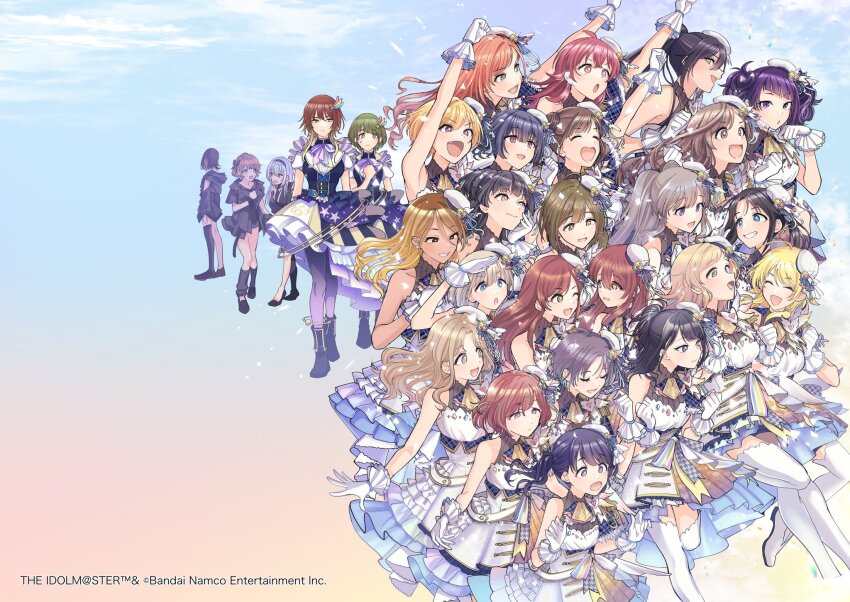 6+girls, ahoge, aketa_mikoto, alstroemeria_(idolmaster), arisugawa_natsuha, arm_up, asakura_toru, bare_shoulders