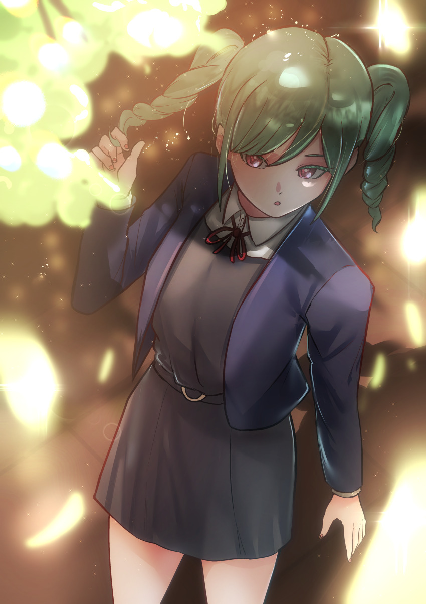 1girl, absurdres, blue_jacket, blurry, blurry_foreground, collared_shirt, commentary, dress