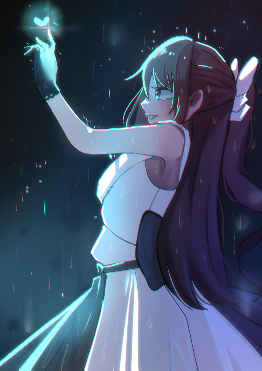 1girl, absurdres, armpits, black_background, black_dress, black_gloves, blue_eyes, bow