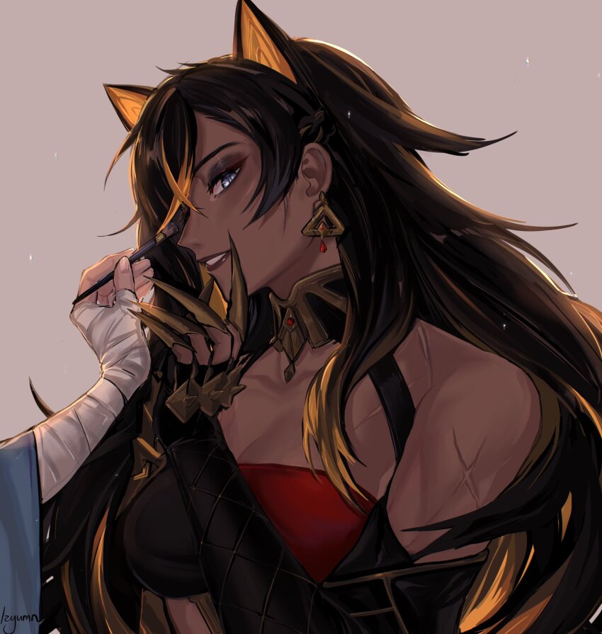 2girls, animal_ears, arm_armor, armlet, asymmetrical_clothes, bandaged_arm, bandages, bare_shoulders, black_hair, blonde_hair, blue_eyes, breasts, brown_hair, choker, crossed_bangs, dark-skinned_female, dark_skin, dehya_(genshin_impact), dunyarzad_(genshin_impact), earrings, genshin_impact, gloves, gold_choker, hair_between_eyes, hair_ears, highres, izyumn, jewelry, medium_breasts, multicolored_hair, multiple_girls, muscular, muscular_female, neck_ring, out_of_frame, simple_background, smile, streaked_hair, two-tone_hair, white_background